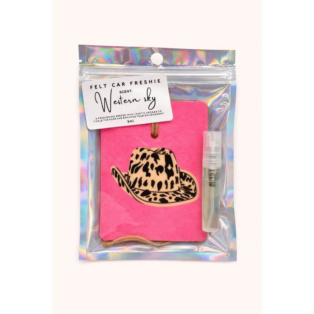 Western Sky Felt Car Freshie Leopard Cowboy Hat Pink Air Freshener With 3ml Oil